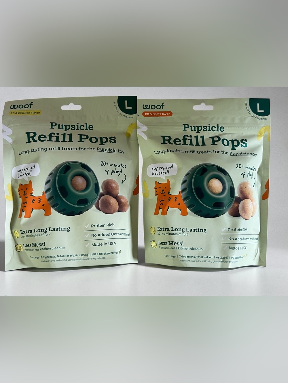 Woof Pupsicle Lickable Chicken and Peanut Butter & Beef and Peanut Pop Refills